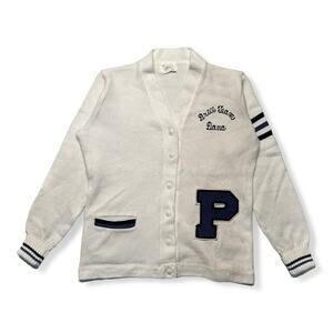 Vintage 60s Letterman Knit Cardigan. Vintage College White & Blue Chainstitch